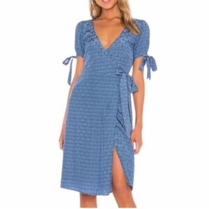 MARJORELLE Aritzia Roxy Blue Star Wrap Midi Dress SMALL Ribbon Tie Lined CLEAN